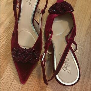 Beaded Pointed-Toe Velvet Slingback Heels in Burgundy